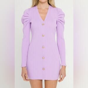 NWT Endless Rose Dress Womens M Purple Puff Sleeve V-Neck Knit Mini Old Money